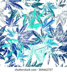 Vector graphics, artistic, stylized  seamless pattern with the image of the leaves of cannabis. can be used for fabric design, wallpaper, wrapping papers.