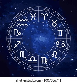 Vector graphics astrology set on the starry sky background. A simple geometric representation of the zodiac signs for horoscope with titles, line art isolated illustration 