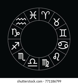 Vector graphics astrology set on black background. A simple geometric representation of the zodiac signs for horoscope, line art illustration