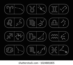 Vector graphics astrology set. A simple geometric representation of the zodiac signs and constellations for horoscope, line art isolated illustration on black background