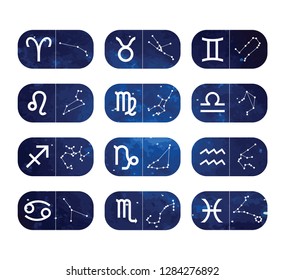 Vector graphics astrology set. A simple geometric representation of the zodiac signs and constellations for horoscope on a cosmic background