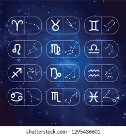 Vector graphics astrology set. A simple geometric representation of the zodiac signs and constellations for horoscope on a cosmic background