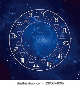 Vector Graphics Astrology Set. A Simple Geometric Representation Of The Zodiac Signs And Four Elements In Circle.  Isolated Illustration  On The Starry Sky Cosmic Background. Ancient Geometry