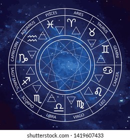 Conjunto de astrología de gráficos vectoriales. Una representación geométrica simple de los signos zodiacos y cuatro elementos en círculo.  Ilustración aislada sobre el fondo cósmico del cielo estrellado. Geometría antigua