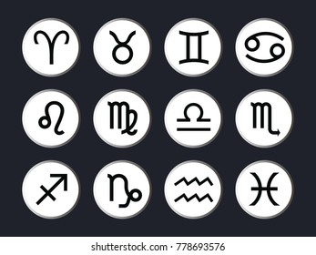 Vector graphics astrology set. A simple geometric representation of the zodiac signs for horoscope, line art isolated illustration on a white volumetric round background
