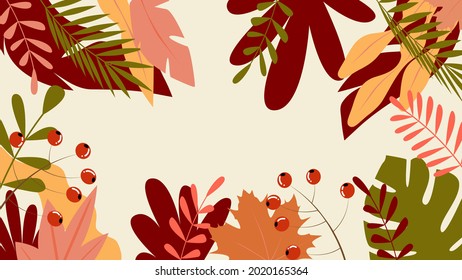 Vector graphics. Autumn illustration in simple flat style with text box. Floral and leafy prints for greeting cards, posters, banners, posters and covers, blogging and promotional items.