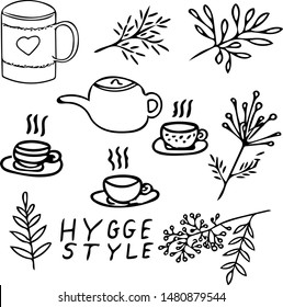 vector graphics autumn set hand drawn in hugge style. Kettle, cups, tea, branches, leaves, coffee, comfort, autumn