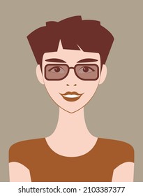 Gráficos vectoriales - Avatar de una hermosa y sonriente mujer joven morena con un peinado corto y a la moda y gafas marrones aislados de cerca