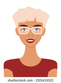 Vector graphics - avatar of a beautiful young smiling blonde woman with a short stylish haircut and fashionable glasses isolated