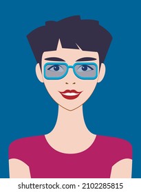 Vector graphics - avatar of a beautiful young brunette woman with a short fashionable haircut in bright stylish glasses on a blue background close-up
