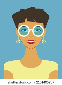 Vector graphics - avatar portrait of a pretty young smiling woman with short dark hair in stylish glasses and fashionable earrings in a yellow T-shirt on a blue background