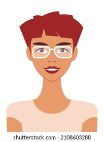Vector graphics - avatar of a pretty young woman with stylish glasses with white frames and short red hair isolated