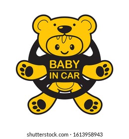 Vector graphics. Baby dressed as a teddy bear on the steering wheel. Isolated white background.