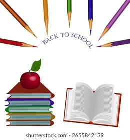 Vector graphics. Back to school. On a white background a stack of books, a red apple, an open book and multi-colored pencils.