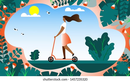 Vector graphics. Background. Abstract imitation. A young girl rides a scooter on a sunny day in the park or in nature, birds are flying and singing nearby. Around grow trees and different plants and flowers