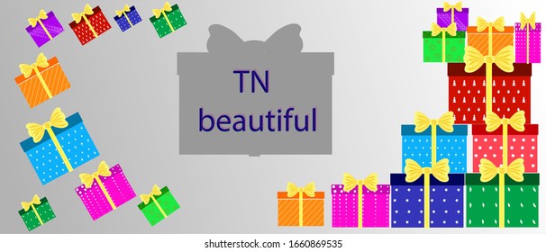 Vector graphics. Background with colorful icons of gift boxes with yellow bows. Flat design for Christmas gift, love Valentine, birthday on white background.