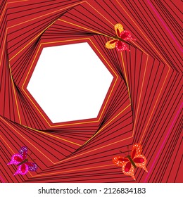 Vector graphics. Background. Holiday, business. On a red background, many geometric shapes of hexagons. On the sides are three bright red butterflies. In the middle is a white hexagon.
