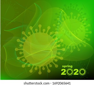 Vector graphics, background image of COVID-19 coronavirus with text spring 2020 for design of posts in social networks, notes, banners, layouts, covers, posters