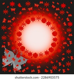 Vector graphics. Background. On a dark background, red flowers, petals and flying butterflies.