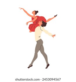 Vector graphics of the ballet performance. The dancer lifted up an elegant ballerina in a red tutu and pointe shoes, who took a beautiful pose. Ideal for concert theater flyers