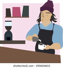 Vector graphics. Barista man brews coffee.