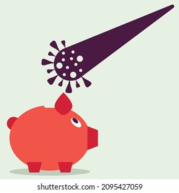 Vector graphics - a baton in the form of a coronavirus molecule is preparing to break a pink piggy bank. Concept - financial market in a pandemic