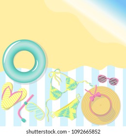 Vector graphics of the beach with the sea, a beach umbrella, a hat, a swimsuit and a circle for swimming. Concept of a summer mood, a warm and sun, and holidays