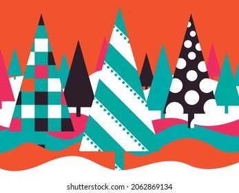 Vector graphics - a beautiful abstract fairy-tale forest with triangular Christmas trees with geometric ornaments of trendy colors and a space for copying. Concept - festive Christmas card