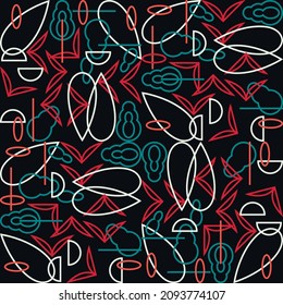 Vektorgrafiken sind ein schönes abstraktes, nahtloses Ornament mit hellen linearen, geometrischen abstrakten Formen auf schwarzem Hintergrund. Konzept - Wickelpapier oder Bildschirmhintergrund