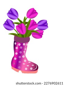 Vektorgrafiken. Ein schöner Tulpenstrauß steht in einem hellen Stiefel mit weißen Erbsen.