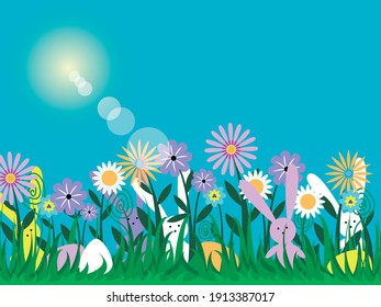 Gráficos vectoriales - hermosas flores brillantes, conejitos coloridos y huevos de Pascua en la alta hierba verde y espacio para copiar en un fondo azul en un día soleado. Concierto festivo