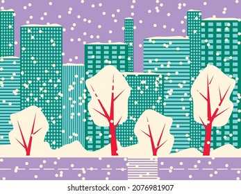 Gráficos vectoriales - una hermosa ciudad con edificios de varios pisos, árboles de escarcha y nevada. Tarjeta de Navidad conceptual