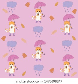 Vector graphics. Beautiful, colorful, cartoon pattern with cute cat, clouds, leaves. Sweet autumnal pattern. Light pink background. 