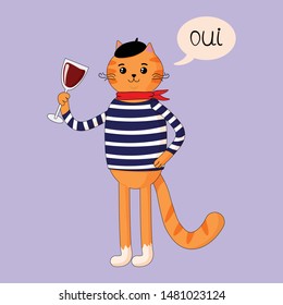 Vector graphics. Beautiful, cute, cartoon illustration of french cat in beret, scarf, blouse. Cat, which holds wine glass. Isolated illustration. Light blue background. Hand written text.