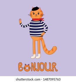 Vector graphics. Beautiful, cute cartoon illustration of a red cat. Cat with striped blouse, beret, red scarf. Hand written text. Light blue background.
