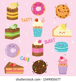 Vector graphics. Beautiful, cute set with different kind of pastries. Set with cakes, donuts, cookies, cupcakes. Handwritten text. Funny characters with kawaii emoticons. 