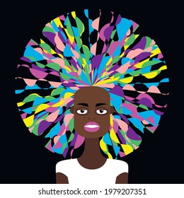 Vector graphics - a beautiful dark-skinned female supermodel with a multicolored African hairstyle of a round shape on a black background close-up. Concept-diverse beauty