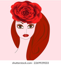 Vector graphics. A beautiful girl with bright red lips, brown eyes, with bright red hair, in a hat in the form of a rose.