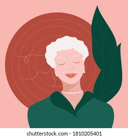 Vector graphics. beautiful girl with short hair and jewelry on her neck and earrings. against the background of a red circle and leaves of trees