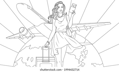 Vector graphics, beautiful girl travels the world, air flights, coloring book