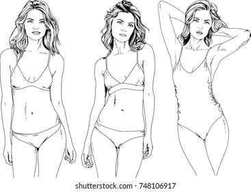 vector graphics of beautiful girls in swimsuits drawn in ink freehand sketches , girls in beautiful poses