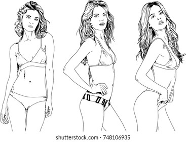 vector graphics of beautiful girls in swimsuits drawn in ink freehand sketches , girls in beautiful poses