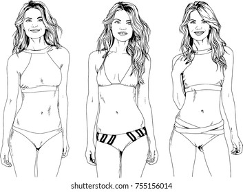 vector graphics of beautiful girls in swimsuits drawn in ink freehand sketches , girls in beautiful poses