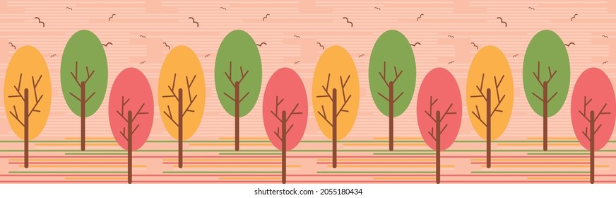 Vector graphics - a beautiful line seamless pattern of trendy colors with trees with autumn bright foliage and migratory birds. Concept season