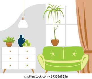 Vektorgrafik - ein schönes Wohnzimmer mit blauen Wänden, einem Fenster, einem hellgrünen Sofa und einer weißen Kommode mit einem ruhigen Leben. Konzept - Modernes Innendesign
