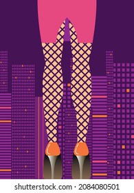 Gráficos vectoriales - bellas piernas largas de hembra en medias de redes de pesca y zapatos naranjas de tacón alto contra el fondo de una ciudad nocturna con rascacielos e iluminación. Concepto de fiesta y estilo de vida