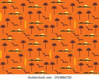 Vector graphics - a beautiful pattern with palm trees, the sun and flying gulls on a bright orange background. Concept-sunset on a tropical beach