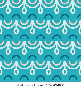 Vector graphics - a beautiful seamless geometric ethnic ornament of bright trendy colors-blue, pink and white with semicircles and waves