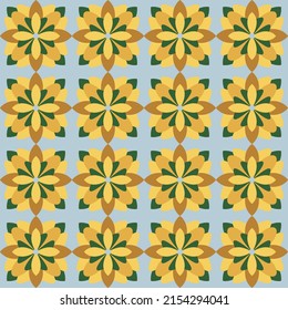 Gráficos vectoriales - un hermoso ornamento geométrico sin costura con un motivo floral de tonos amarillos. Papel tapizado, tela o papel envolvente