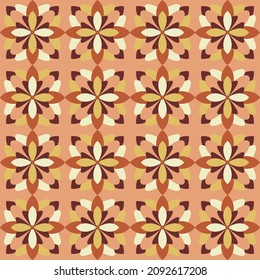 Gráficos vectoriales - un hermoso adorno de tejas sin costura con motivos geométricos florales de colores cálidos de moda. Concepto textil o papel de embalaje